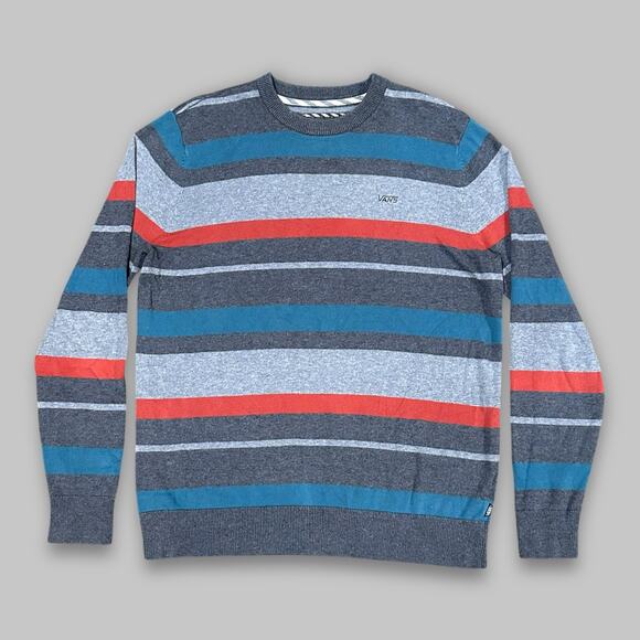 Vans Striped Crewneck Pullover Sweater Men’s Medium – Gray, Blue & Red - Picture 1 of 4